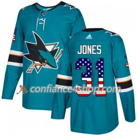 Adidas Maillot de Hockey San Jose Sharks Martin Jones 31 2017-2018 Teal USA Flag Fashion Authentic - Homme